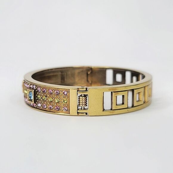 Heidi Daus | Vintage Art Deco 90's Crystal Bronzetone Hinged Bangle Bracelet - Picture 6 of 8